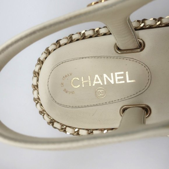 CHANEL CORK PLATFORM SANDALS CREAM CHAIN-TRIM LEATHER SIZE 37.5 CC ANKLE STRAP - Picture 9 of 12